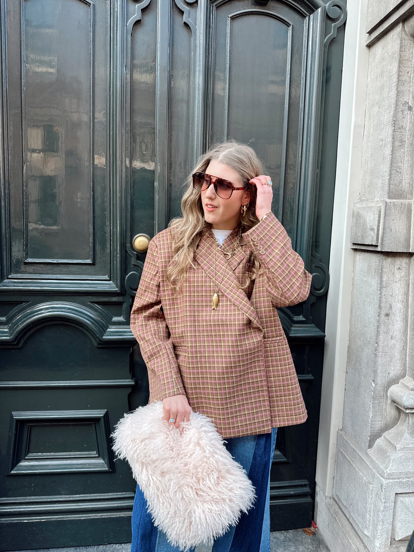 Boxy Oversized-Blazer kariert rosa braun