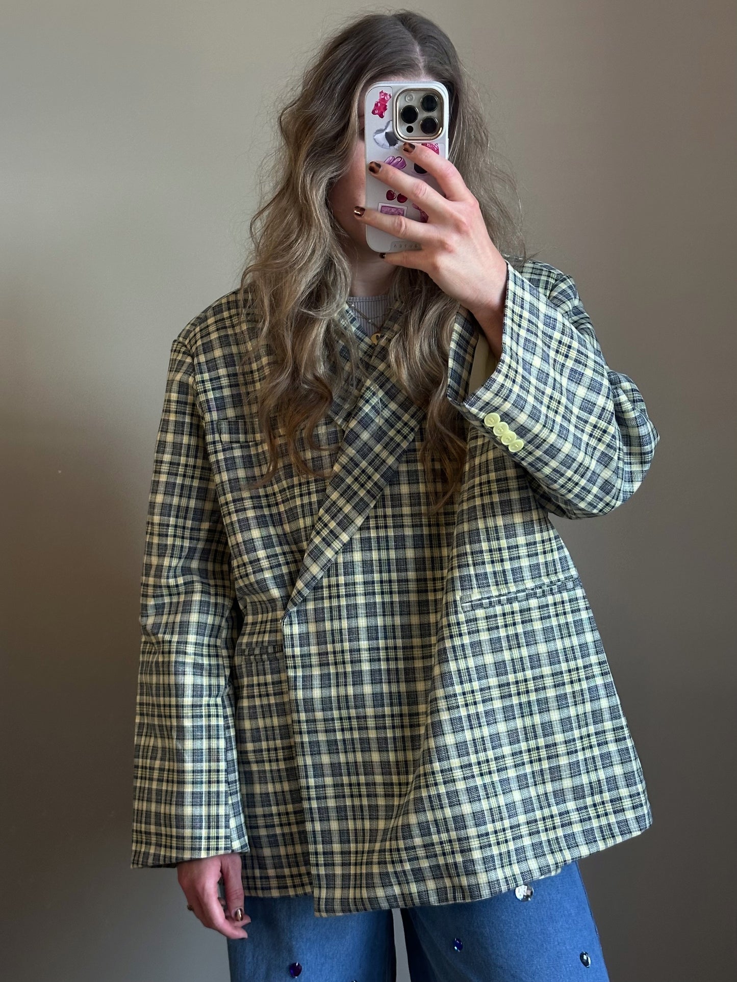 Kastenförmiger Oversized-Blazer kariert blau gelb