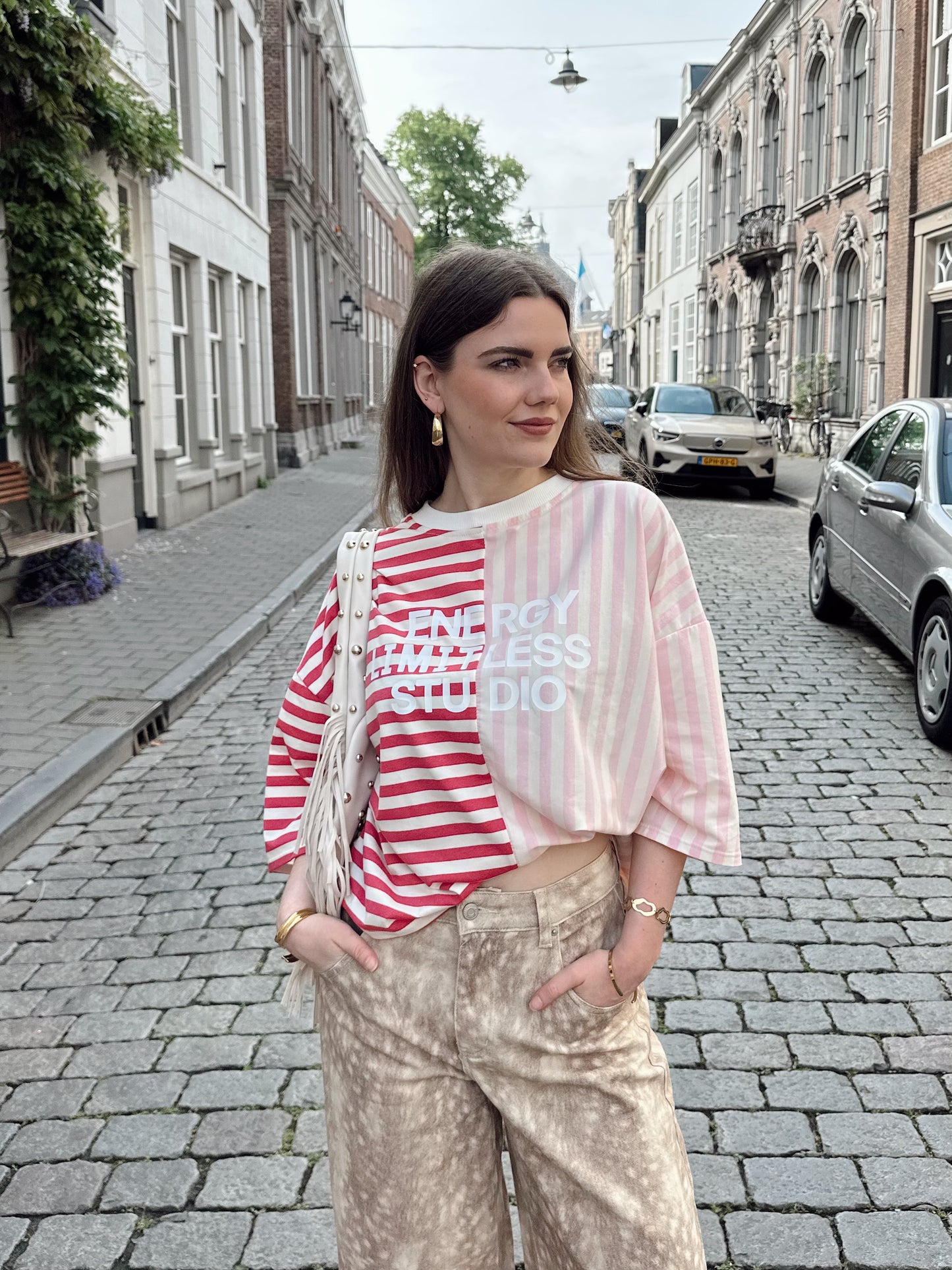 Gestreiftes Boxy T-Shirt „Floor“, Pink