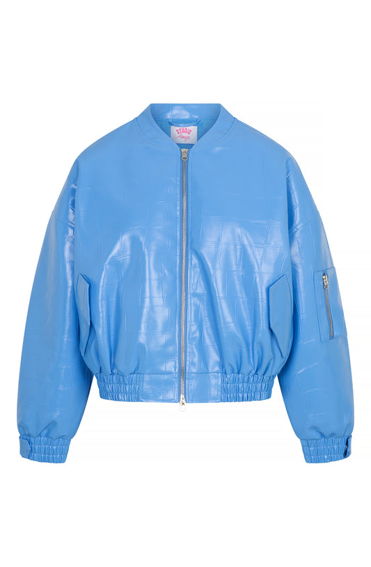 Studio Amaya Nox leer look bomber jacket blue
