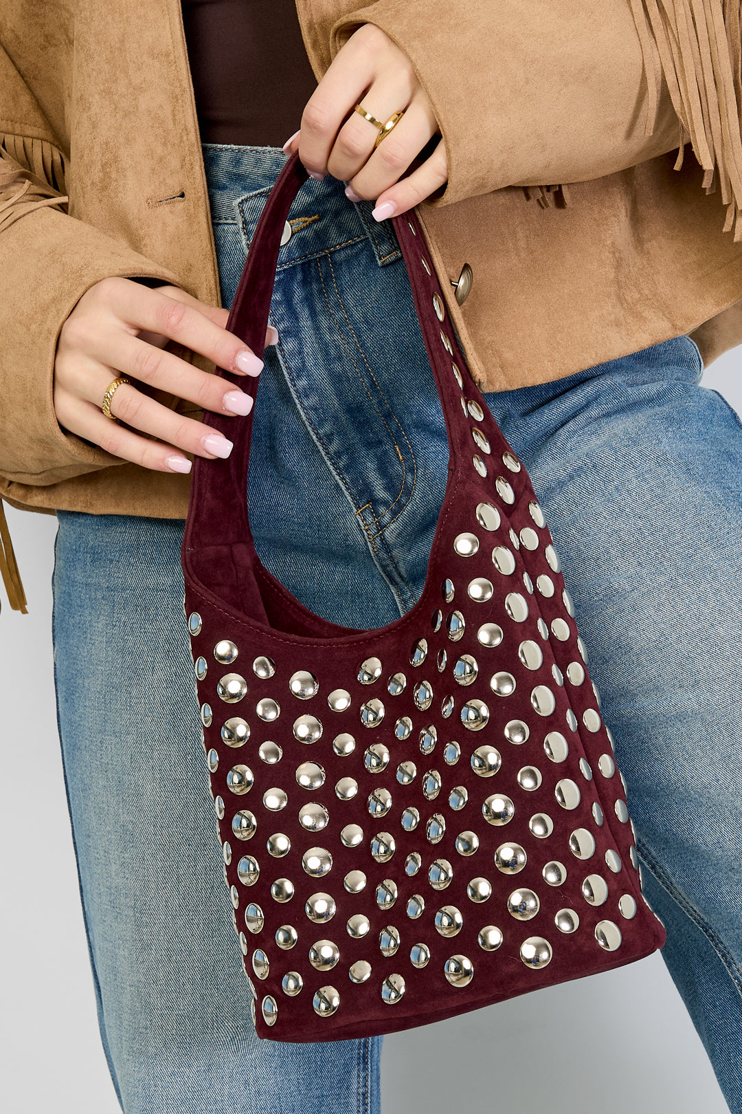 Roos tas studs suede rood