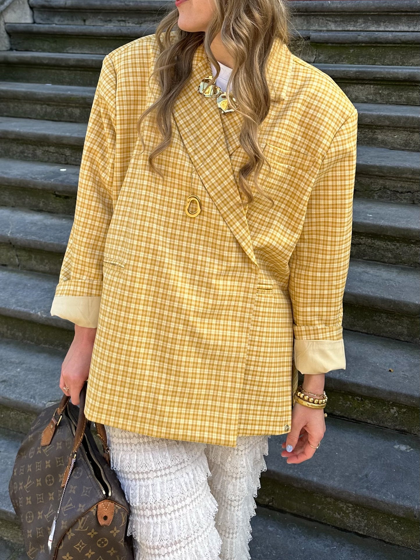 Kastiger Oversized-Blazer kariert leuchtend Gelb
