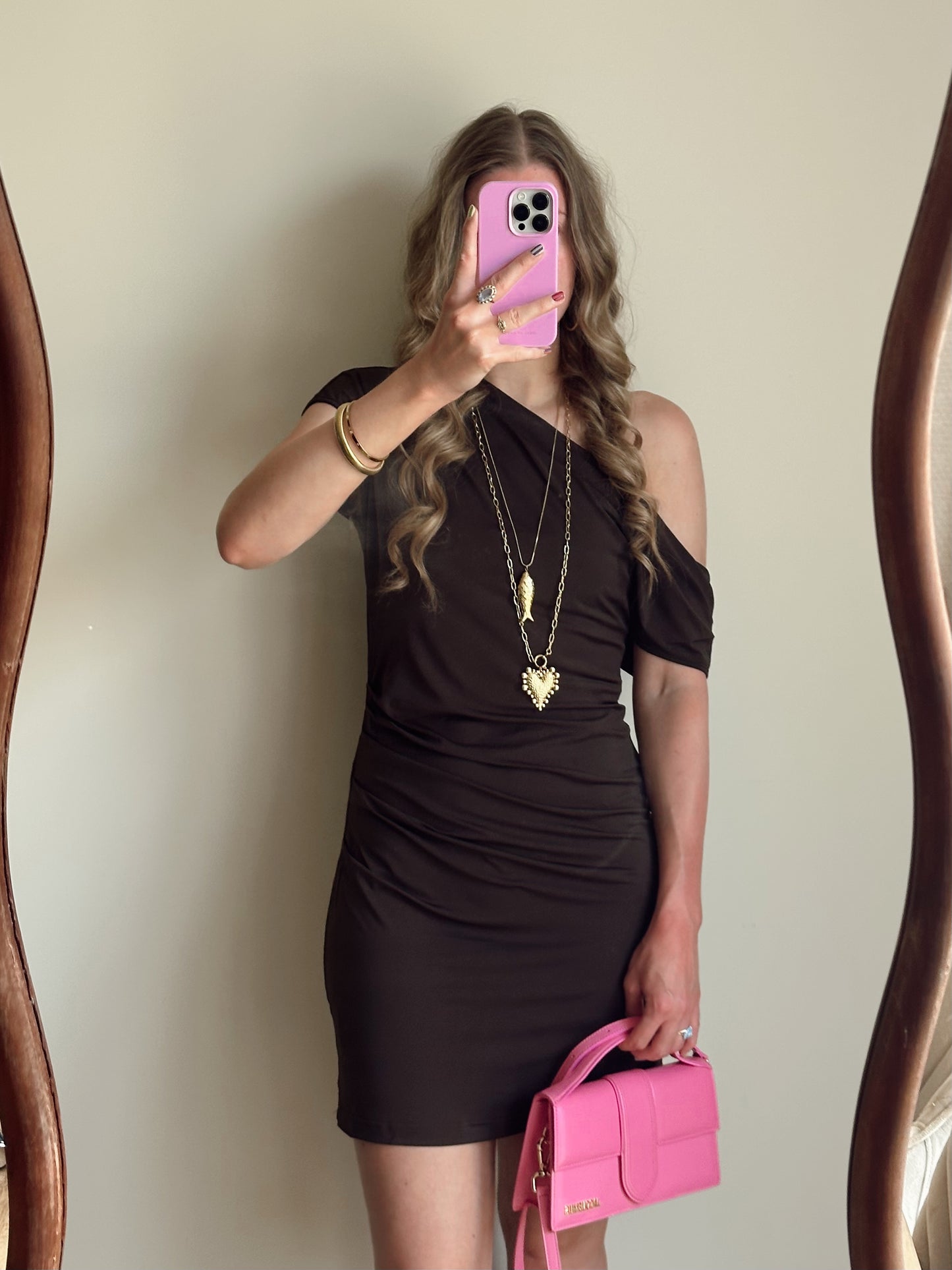 Demi draped dress off shoulder brown