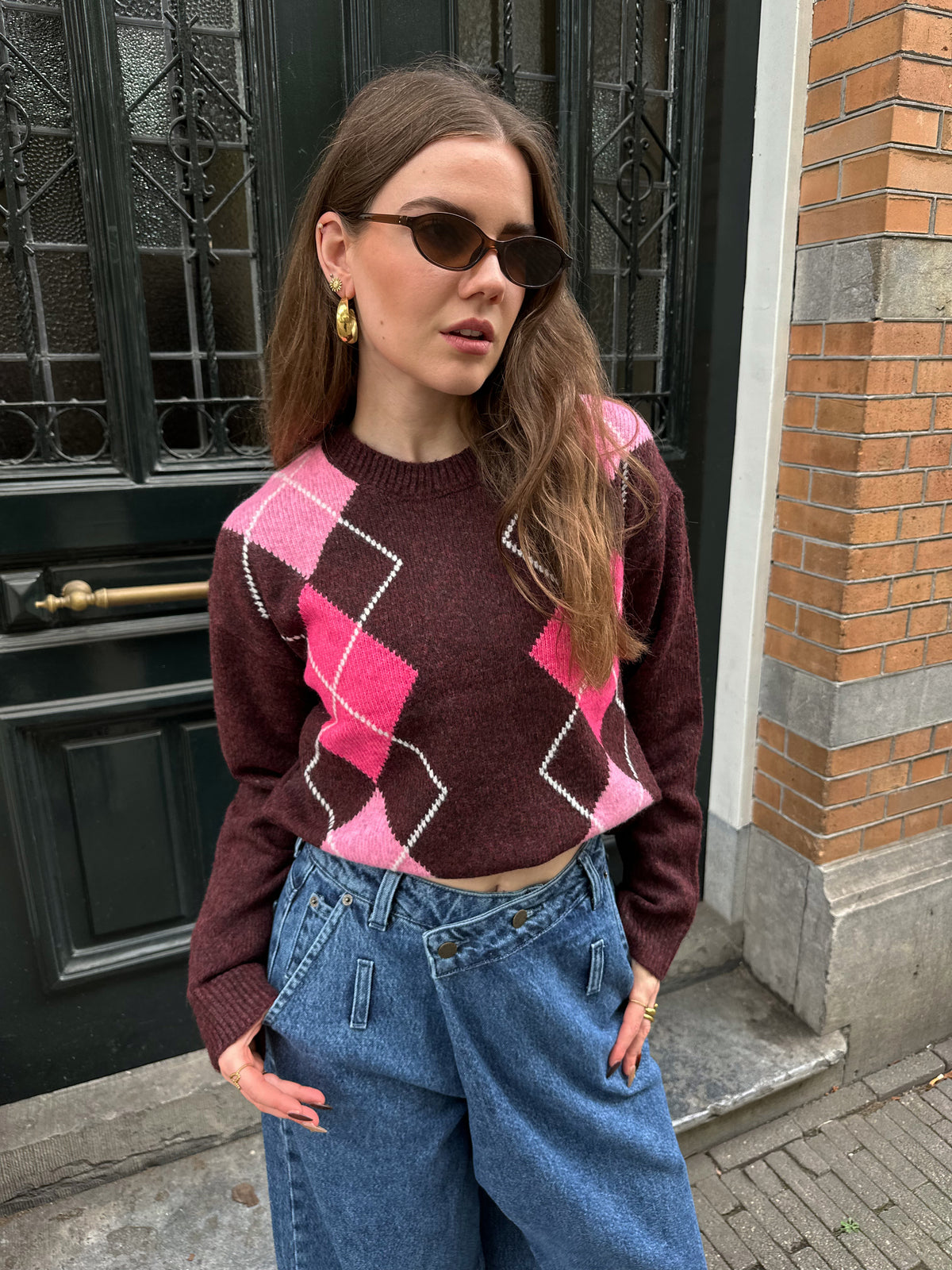 Harvi gebreide geruite trui bordeaux