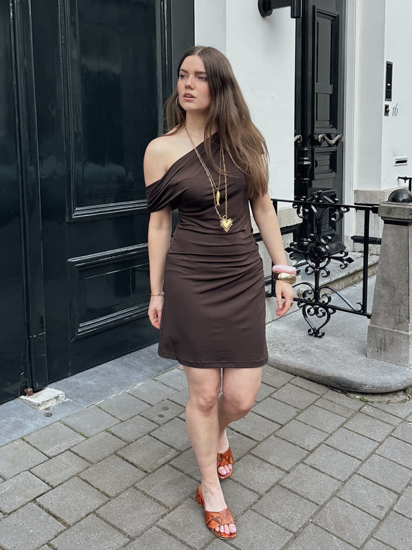 Demi draped dress off shoulder brown