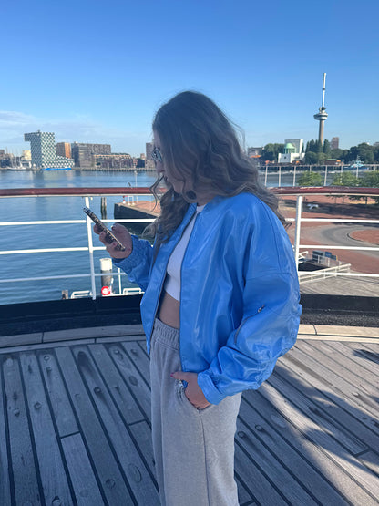 Studio Amaya Nox leer look bomber jacket blue