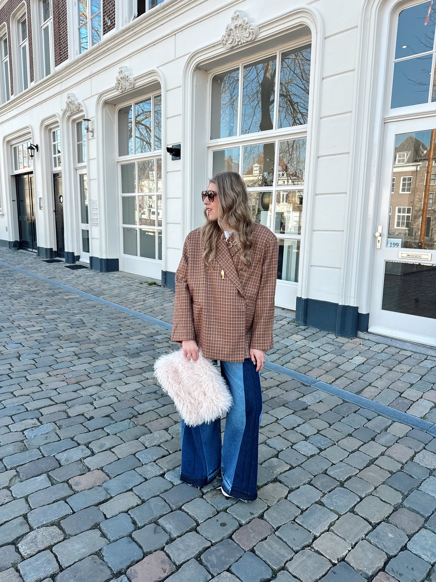 Boxy Oversized-Blazer kariert rosa braun