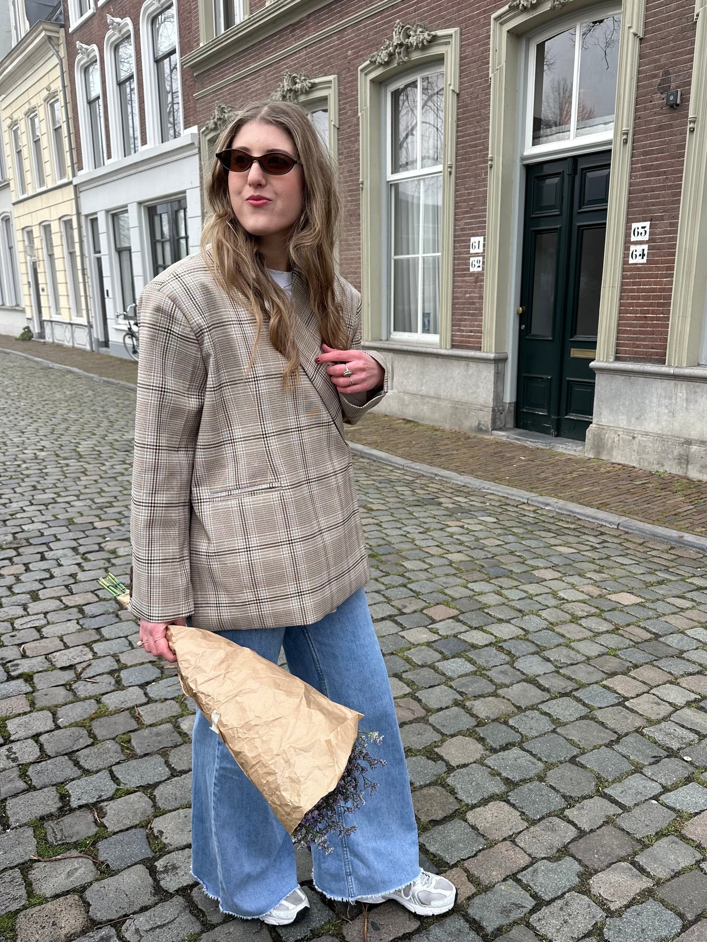 Boxy Oversize Blazer kariert blau beige