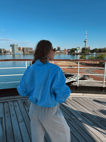 Studio Amaya Nox leer look bomber jacket blue