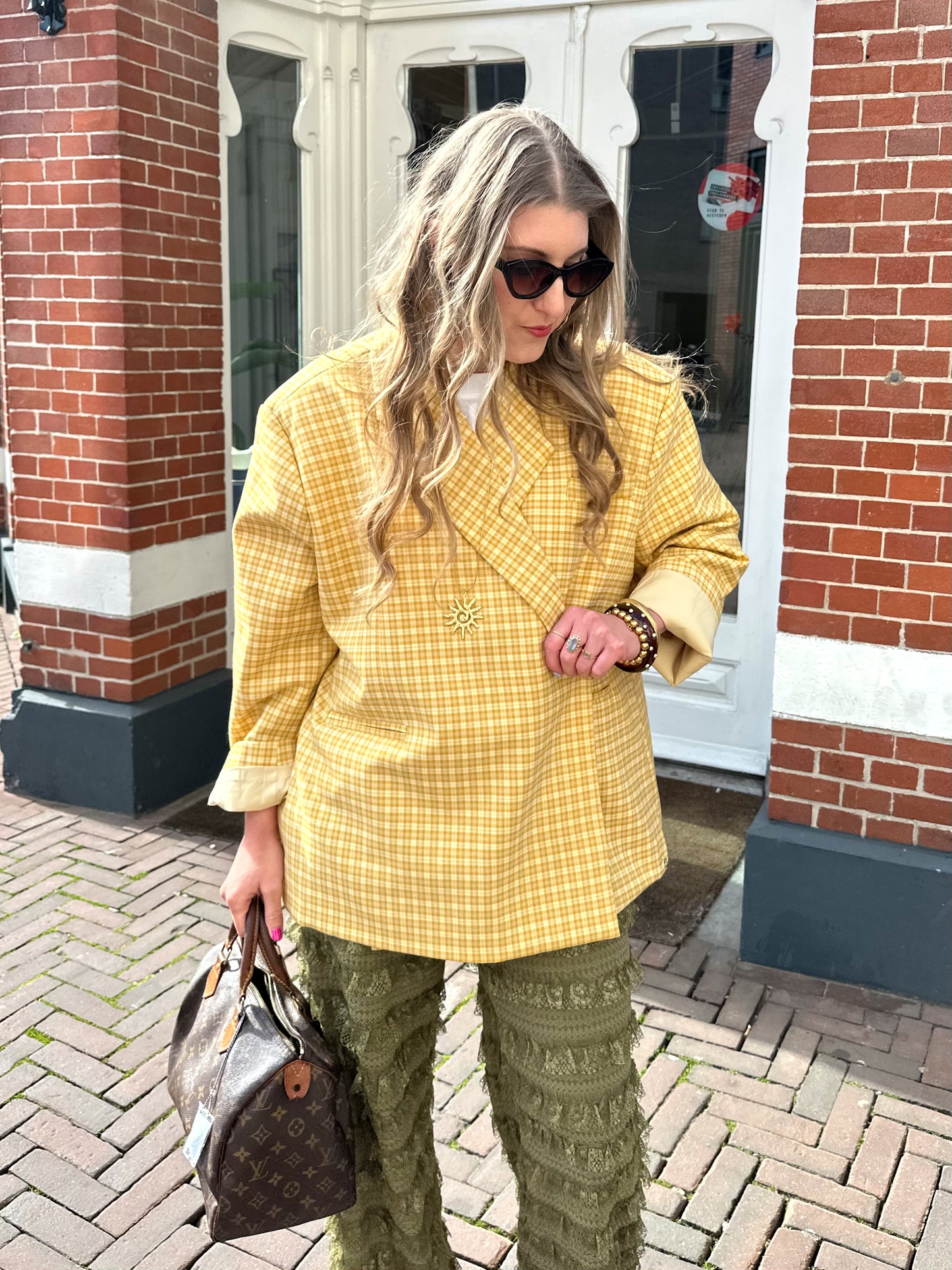 Kastiger Oversized-Blazer kariert leuchtend Gelb
