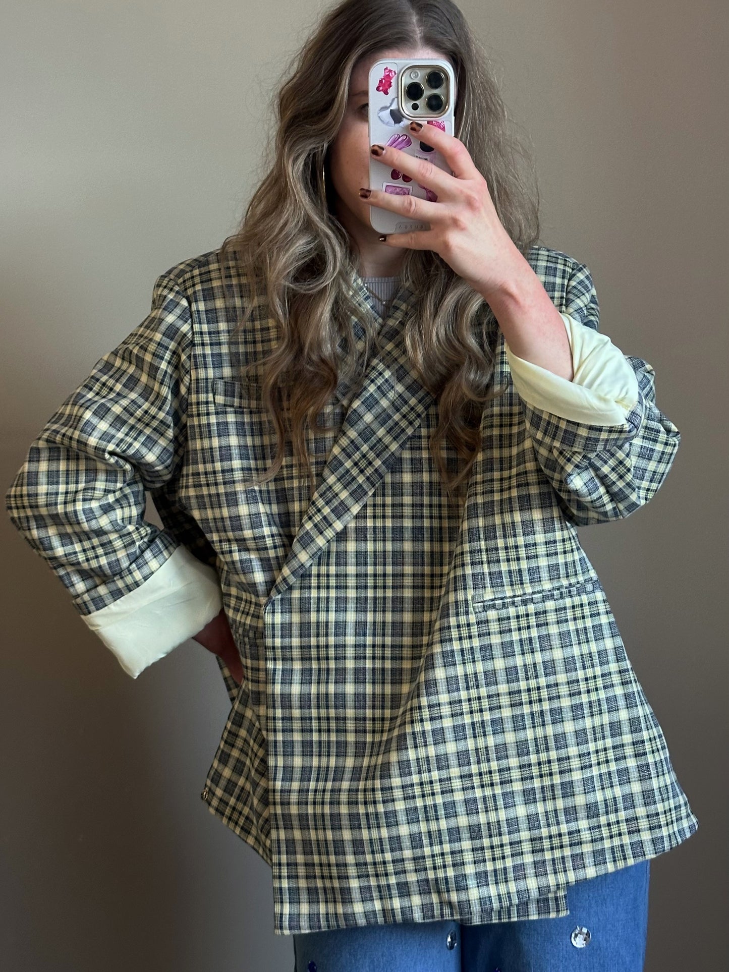 Kastenförmiger Oversized-Blazer kariert blau gelb