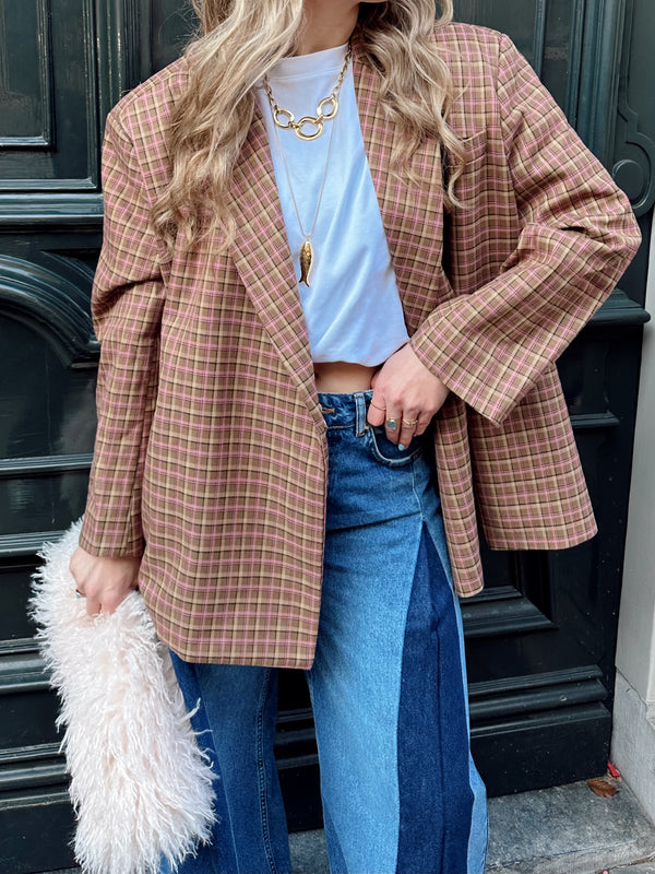 Boxy Oversized-Blazer kariert rosa braun