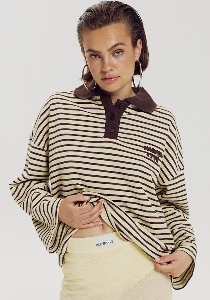 Harper & Yve Pollie gestreepte polo longsleeve brown