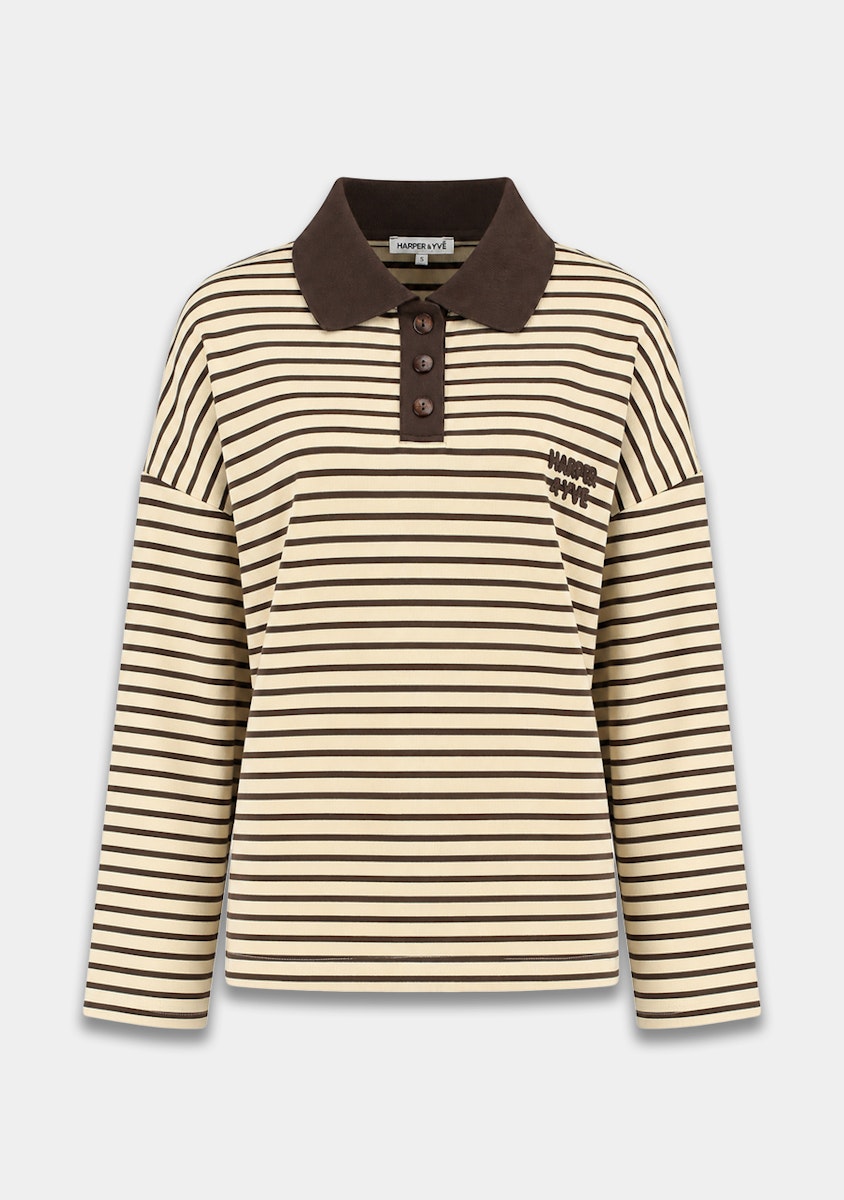 Harper & Yve Pollie gestreepte polo longsleeve brown