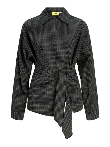 Viola poplin geruite blouse wrap tie moss green