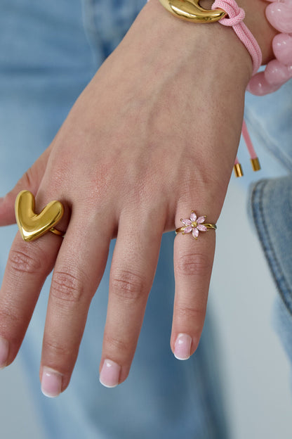 Taste ring met rhinestone flower pink gold