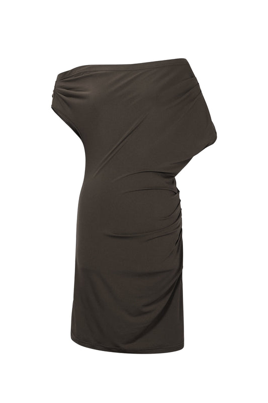 Demi draped dress off shoulder brown